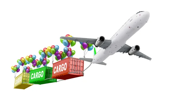 Delivery concept plane pulls container on balloons on a white ba — Stock Photo, Image