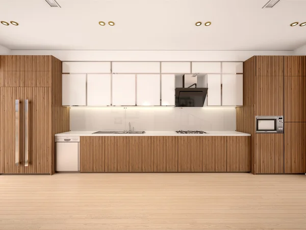 Illustrazione 3D degli interni della cucina moderna in una nuova casa in guerra — Foto Stock