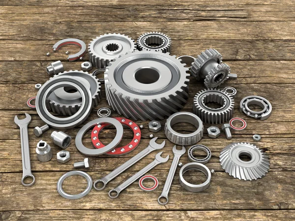 Bearings and gears on wooden background dosok.3D illustration. — Stock Photo, Image