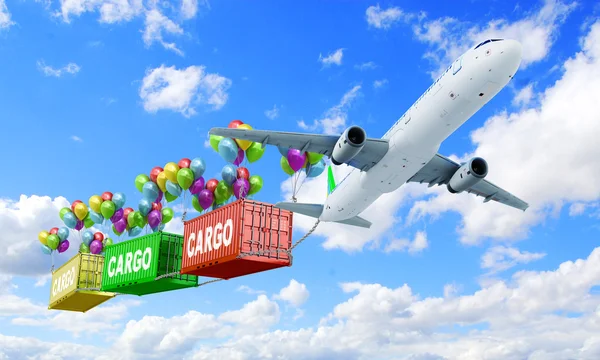 Dostawy koncepcja samolotu ciągnie kontener na balony na tle nieba — Zdjęcie stockowe