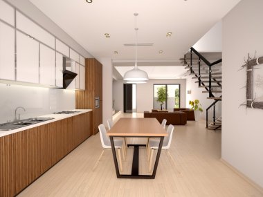 Modern mutfak iç ve yemek odasında 3D çizimi bir