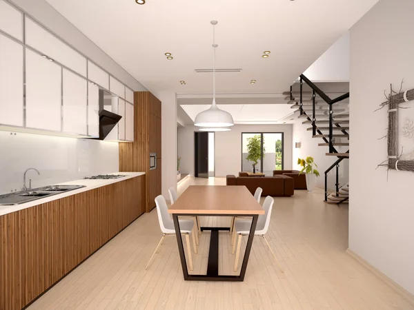 Ilustrasi 3d interior dapur modern dan ruang makan di — Stok Foto