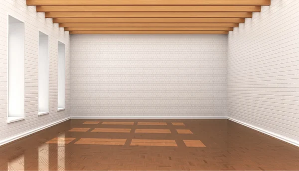 Pusty pokój, białe ściany cegły, bloki, sufit z drewnianymi baloe — Zdjęcie stockowe