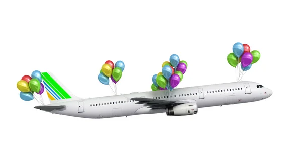 Concept of light hops a plane flies on balloons on white 3d rend — Stock Photo, Image