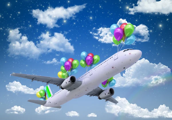 Concept of light hops a plane flies on balloons on a background — Stock Photo, Image
