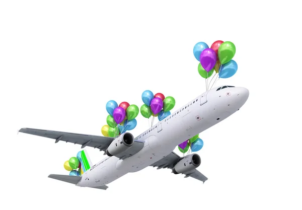 Concept of light hops a plane flies on balloons onwhite 3d rende — Stock Photo, Image