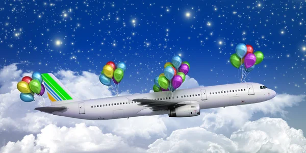 Concept of light hops a plane flies on balloons on a background — Stock Photo, Image