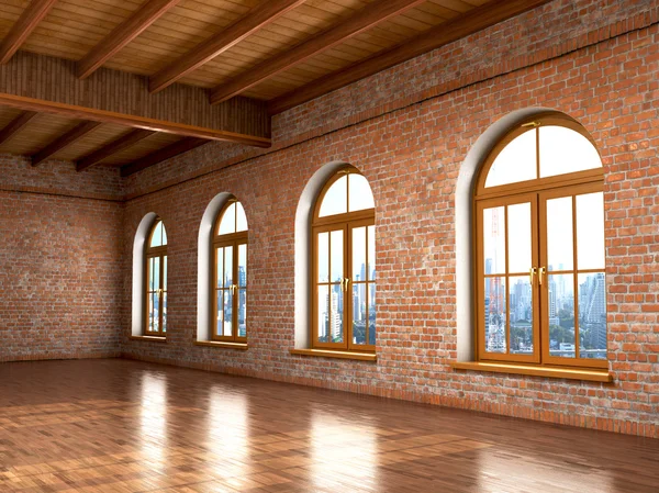 Loft studio interieur in oud huis. Grote ramen, baksteen rood wall.3 — Stockfoto