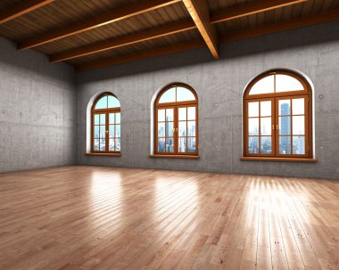 Beton duvarlar ve büyük pencereler ile geniş geniş oda. 3D Il
