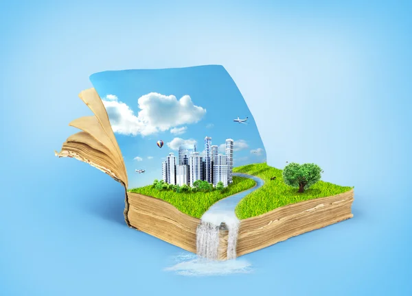 Concept of magic book covered with grass with tree in the form o — Stock Photo, Image