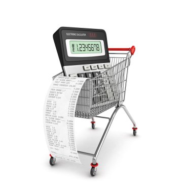 Bakkal e için makbuz, hesap makinesi ve sepet konsepti kadar Alışveriş