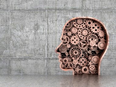 Beton duvarda paslı dişliler olan insanın silueti.3d il