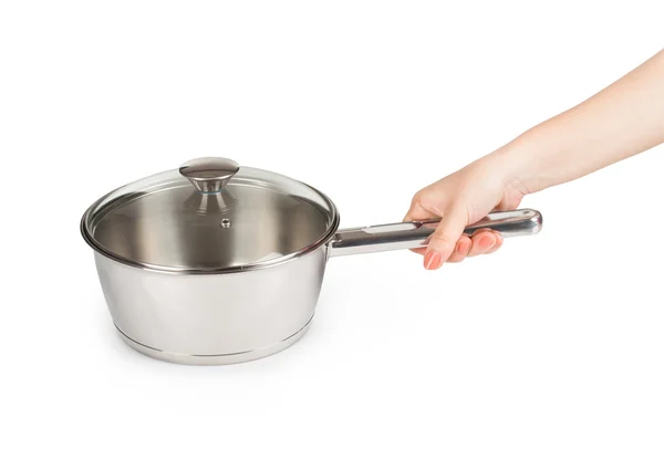 Hand hold cooking pot isolated on white background — Stock Photo, Image