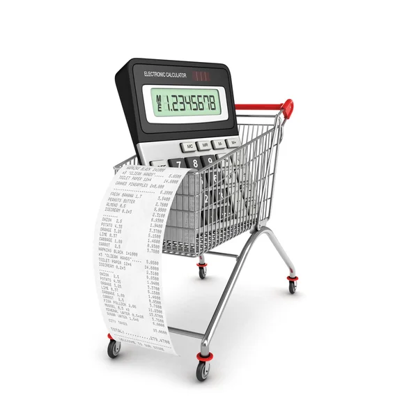 Shopping till receipt, calculator and cart concept for grocery e — Stock Photo, Image
