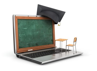 Webinar kavramı. Schooldesk ve dizüstü keyboar kara tahta
