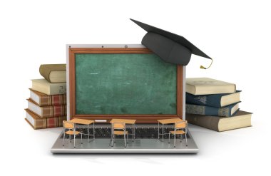 Webinar kavramı. Schooldesk ve dizüstü keyboar kara tahta
