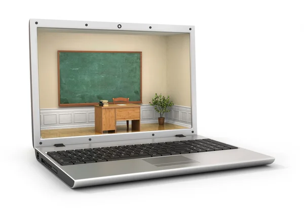 Webinar koncept. Svarta tavlan med lärare skrivbord i laptop skä — Stockfoto