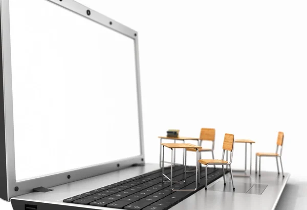 ウェビナーのコンセプトです。Schooldesk とノート パソコンのキーボードの黒板 — ストック写真