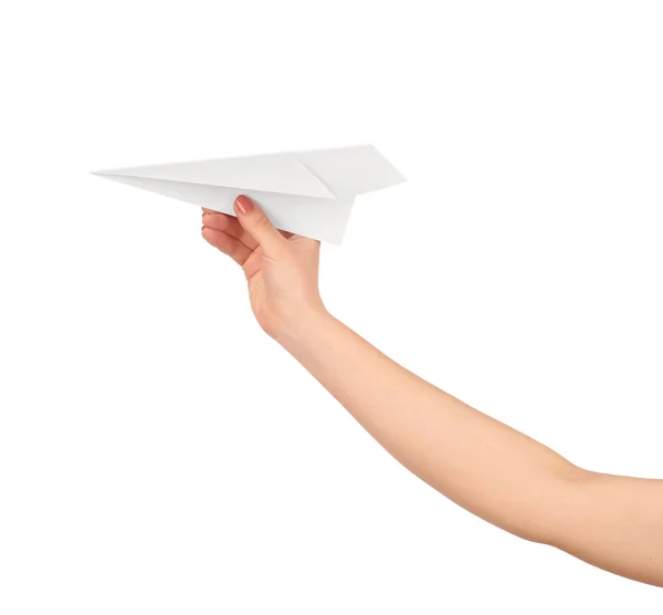 Businesswoman throwing white paper plane. Isolated on white back — Zdjęcie stockowe