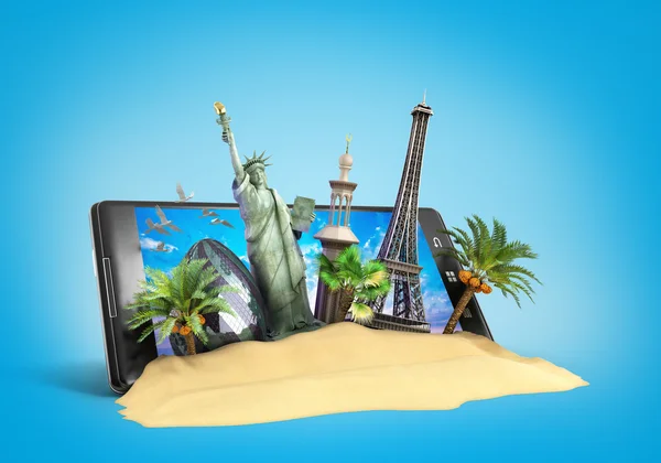 Concept van reizen bezienswaardigheden uitkijken voor het scherm van de telefoon online — Stockfoto