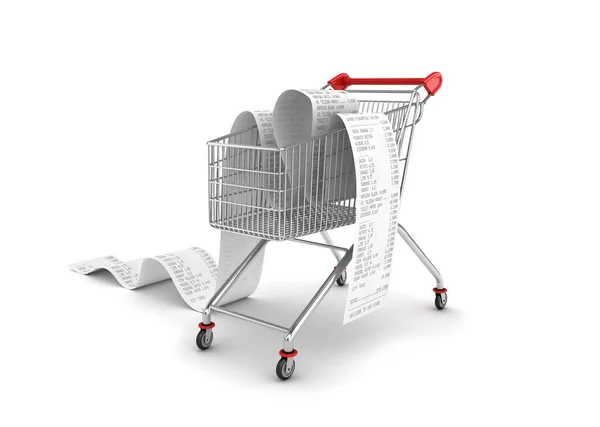 Carrinho de compras com recibos longos sobre fundo branco — Fotografia de Stock