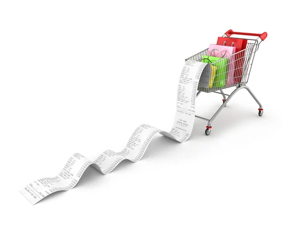 Shopping Trolley With shopping bags and  long Receipts Over Whit — Stock Photo, Image