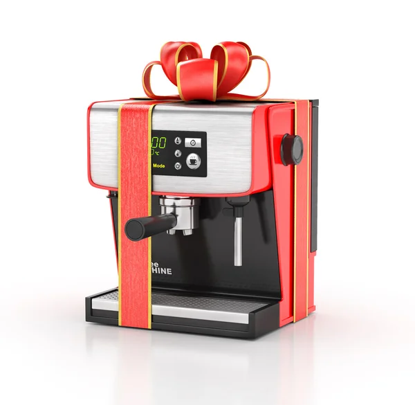 Keukenapparatuur. Koffie machine in cadeau lint. 3D-illustratio — Stockfoto