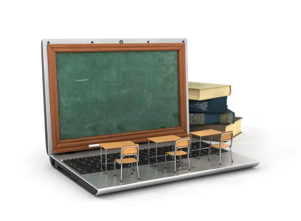 Webinar έννοια. Schooldesk και μαυροπίνακα για το φορητό υπολογιστή πληκτρολόγιο — Φωτογραφία Αρχείου