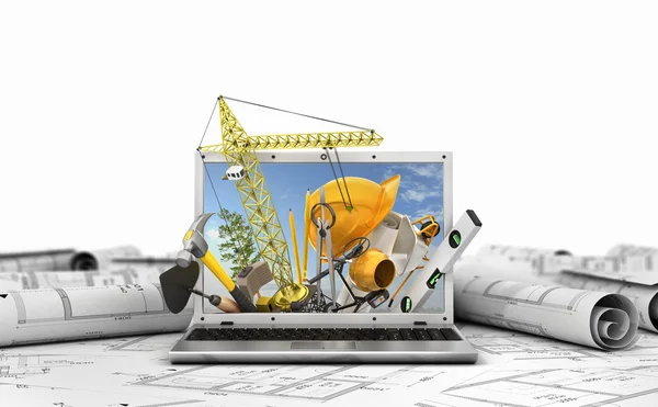 Concept van bouw. Gebouw tools in laptop scherm. 3D ziek — Stockfoto