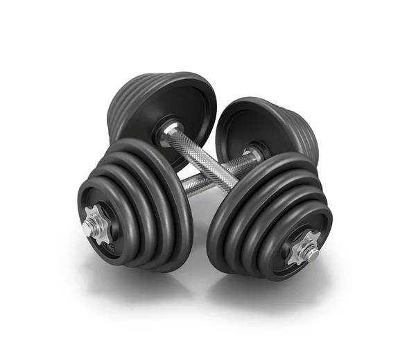 Two black steel dumbbells isolated white background.3D illustrat — Stock Photo, Image