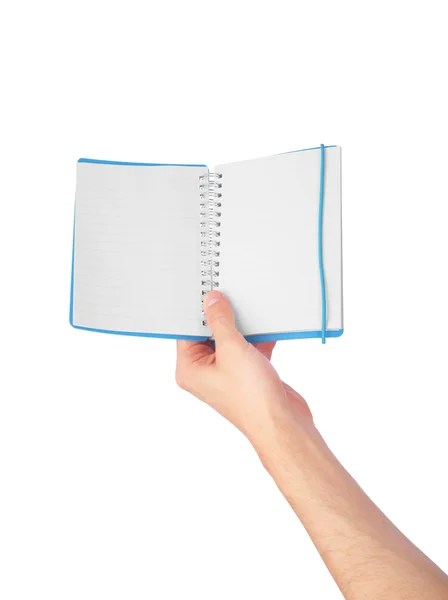 Hand show the opened notebook isolated on white background — Stock Photo, Image