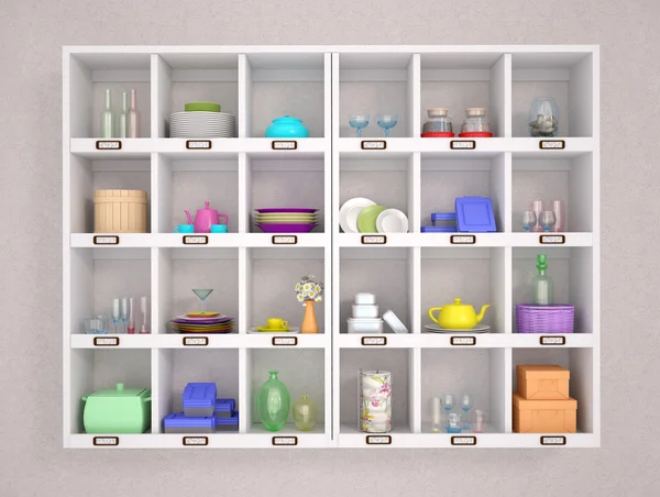 3D illustratie van kleurrijke en lichte keuken accessoires op wh — Stockfoto