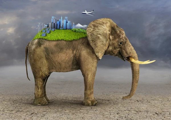 Concept of stability. Future world on the african elephant's bac — Stock Photo, Image