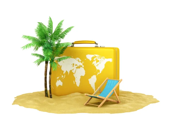 Resväska på sanden nära palmer och solstolar. 3D il — Stockfoto