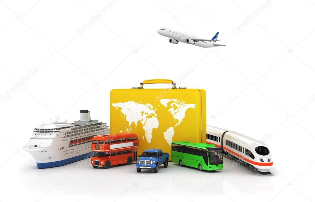 Travel concept. Yellow suitcase with transport for travel on a w