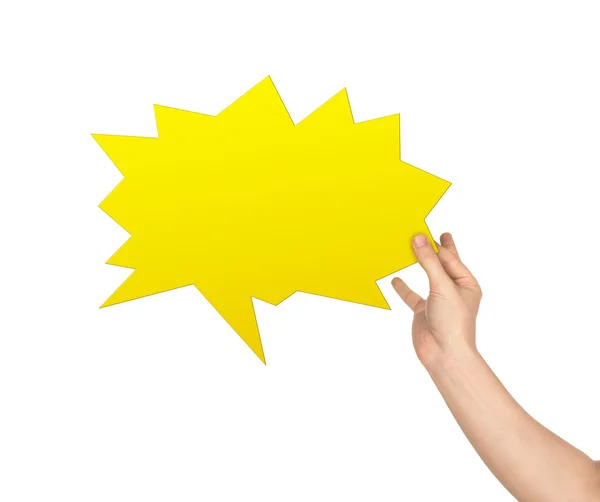 Ręka trzyma żółty chmurka tekstu na białym tle na wh — Zdjęcie stockowe