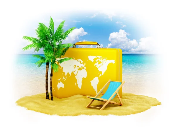 Путешествие. Чемодан на песке рядом с пальмами и пляжным креслом — стоковое фото