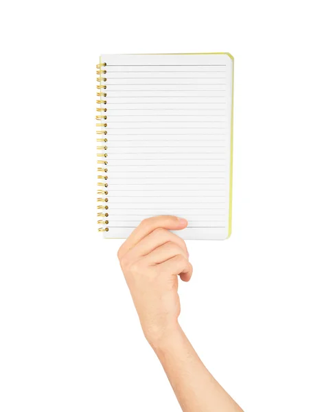 请注意，一个手拿着一本笔记本，写便笺的空白空间, — 图库照片