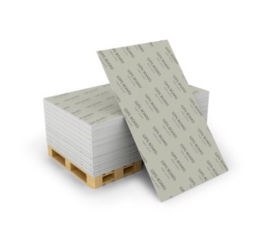 Stack drywall sheets stacked on wooden pallets, isolated white b