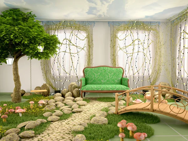 3D-Illustration des Konzepts des Öko-Hauses. Raum voller Pflanzen, — Stockfoto