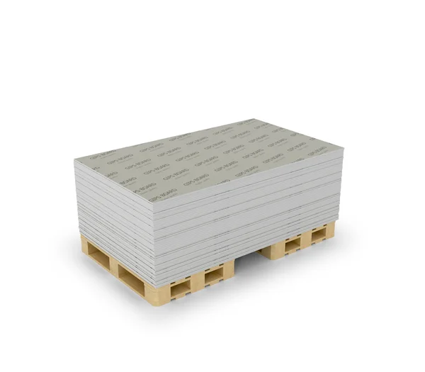 Stack drywall sheets stacked on wooden pallets, isolated white b — Stock Photo, Image