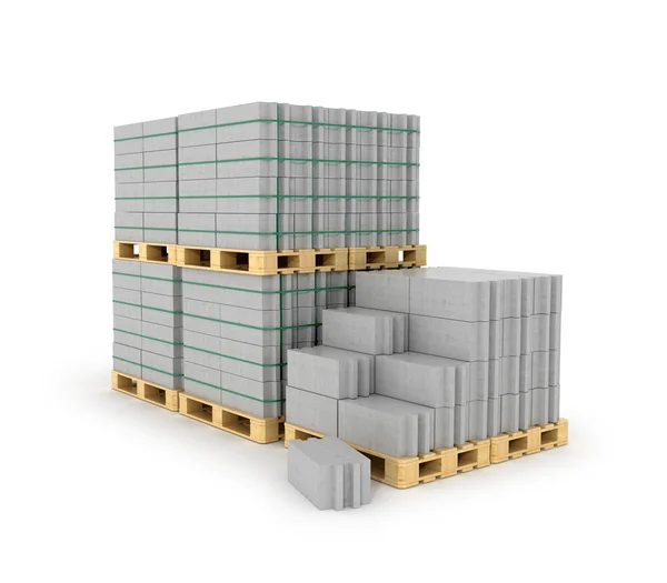 Blocos de concreto arejado empilhados em paletes de madeira. Companheiro de construção — Fotografia de Stock