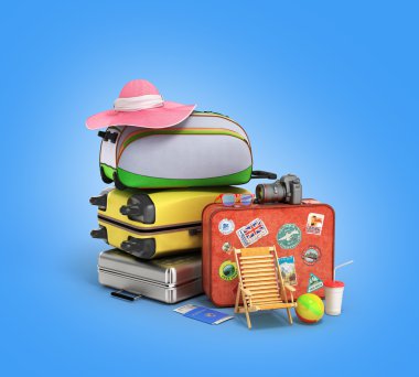 kavram seyahat çanta seyahat ve öğeleri 3d render bir gradi üzerinde seyahat