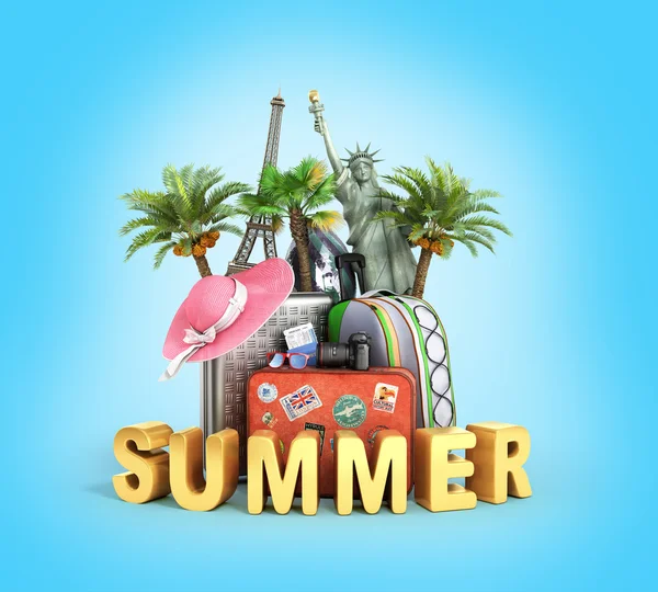 seyahat çanta ve konumlar 3d render degrade bir adam üzerinde