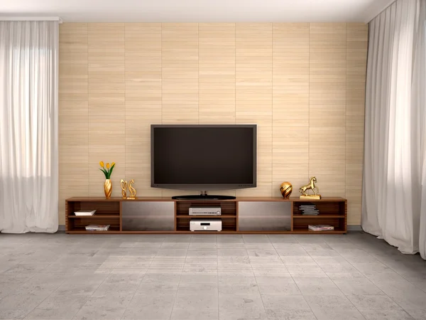 Ilustração 3d de moderna sala de estar com TV de tela plana e um — Fotografia de Stock