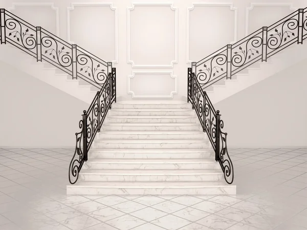A fehér márvány lépcsőház, a kovácsoltvas bani 3D-s illusztráció — Stock Fotó