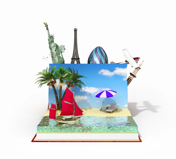 Reizen concept, open boek met strand op haar en andere recreatie — Stockfoto