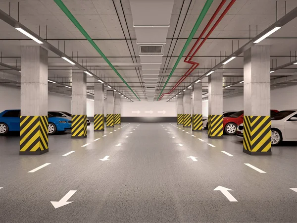 3D ilustracja podziemny parking z samochodami — Zdjęcie stockowe