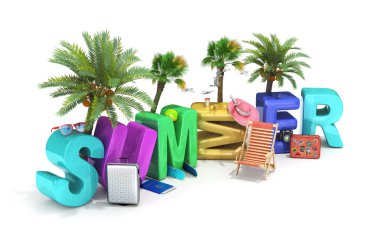 Beyaz bir arka plan üzerinde seyahat çanta ve konumlar 3d render