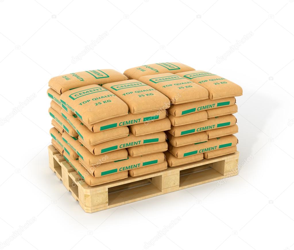 Cement bags stack on wooden pallet. Isolated on white background